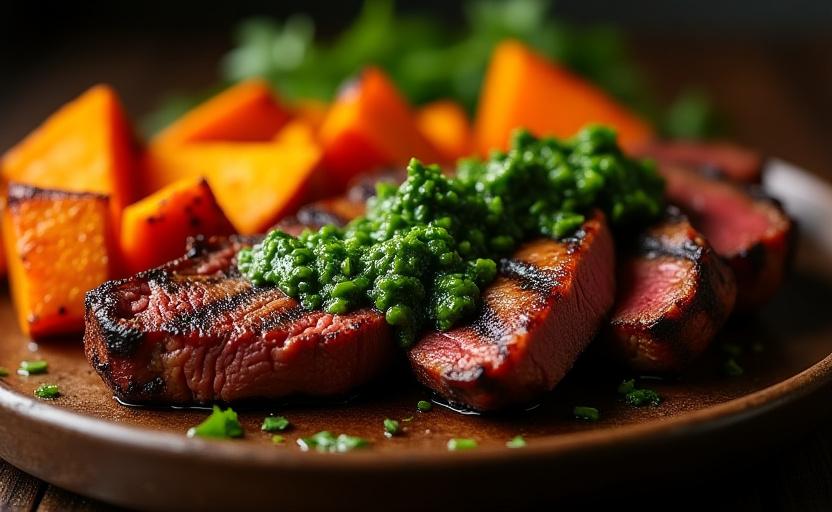 Chimichurri steak with roasted sweet potatoes