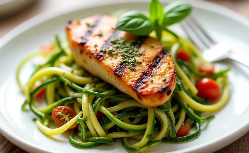 Grilled chicken with pesto zucchini noodles