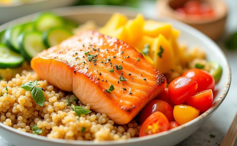 Mediterranean salmon bowl with quinoa and fresh vegetables